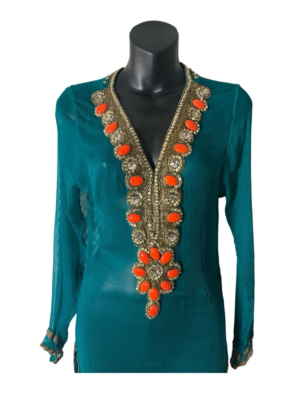 Marena Y Sol Teal Beaded V-Neck Swim Coverup/kaftan Tunic w/ Orange Accents szS